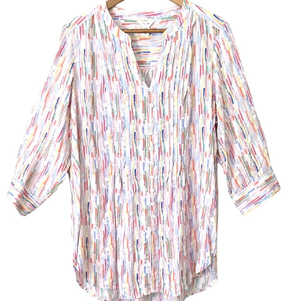 Womens Sz 1X Colorful V-Neck Pleated Button Up Fairy Beach Vacation Fun Tunic